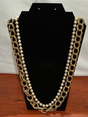 Anne Klein Faux Gold and Ivory Double Strand Pearl & Link Necklace